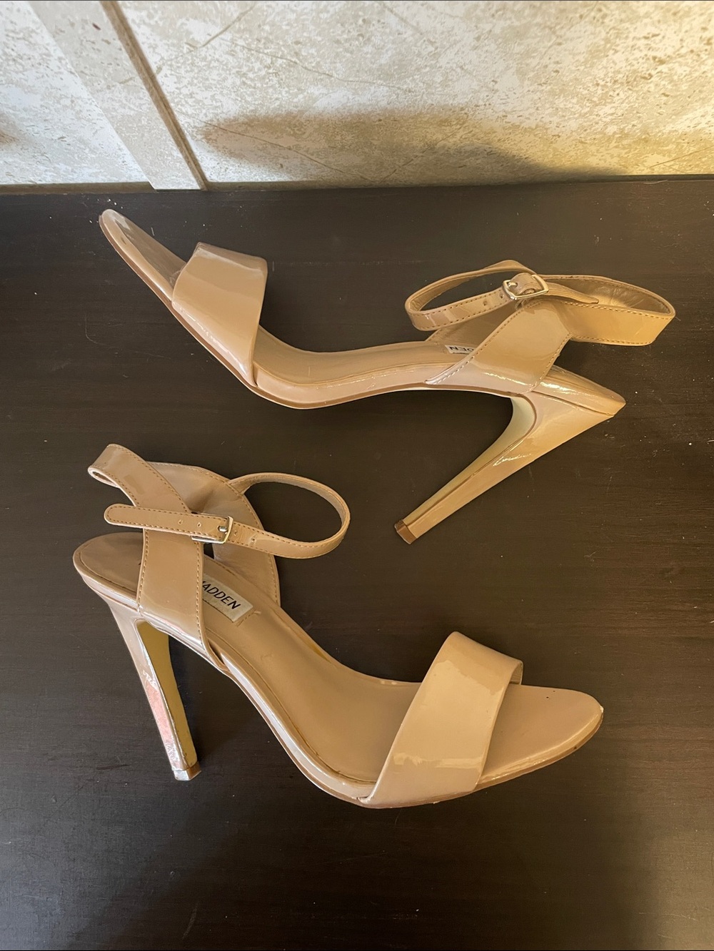 Steve Madden Nude Patent Ankle-Strap Stiletto Sandals